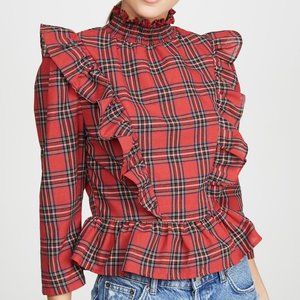 English Factory Red Tartan Plaid Print Ruffle Peplum Blouse - Size Large NWOT